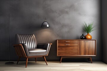 Interior with wooden cabinet and armchair 3d renderin 