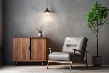 Interior with wooden cabinet and armchair 3d renderin 