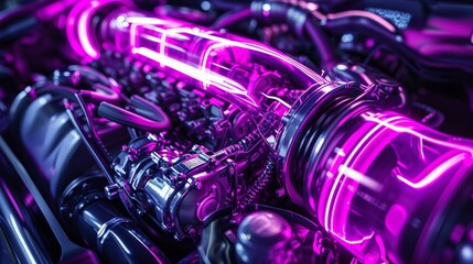A mesmerizing shot of a glowing purple neon tube snaking its way around the various engine...