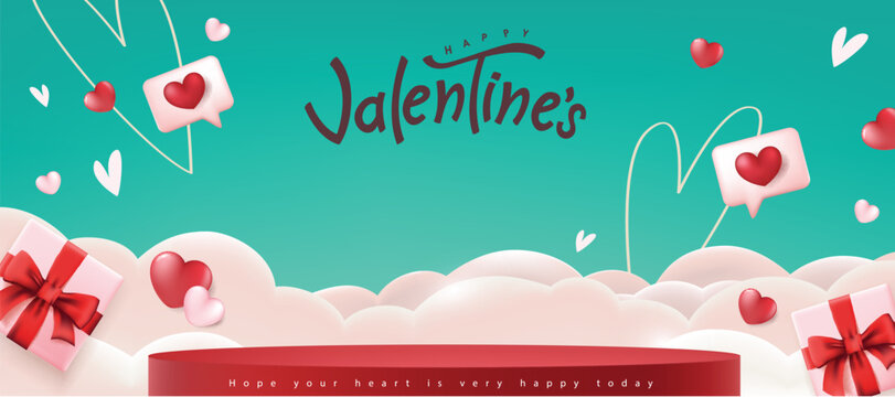 Valentines day promotion banner background with product display cylindrical shape and Heart Shape Balloon on sky