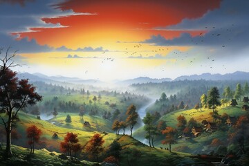 Fantasy landscape with foggy meadow and mountains at sunset