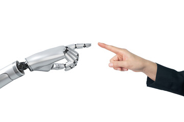 Ai hand with human hand trying to touching each others isolated on white background.