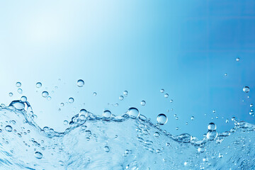 Water splash with bubbles on blue background. 3d render illustration
