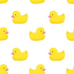 Seamless pattern with cute yellow rubber duck isolated on white background. Vector Bath baby toy in cartoon style