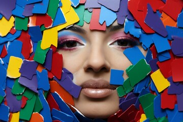 Close-up portrait of beautiful young woman with creative make-up and many colorful arrows around her face