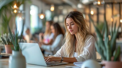 Blonde woman concentrating on laptop in a lively coworking space
