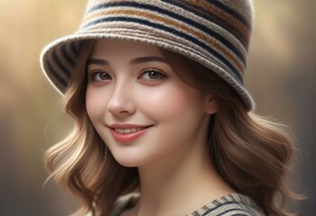 Portrait of beautiful young woman in hat on blurred background, closeup