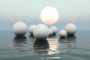 White balls in the water with the sun in the background