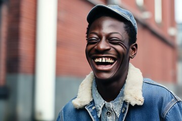 Stylish african american man in jeans jacket and cap smiling at camera on the street