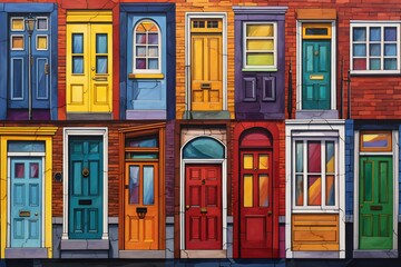 Seamless pattern of colorful doors on a brick wall,  Illustration