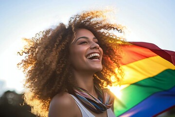 Beautiful african american woman with curly hair and rainbow flag - obrazy, fototapety, plakaty