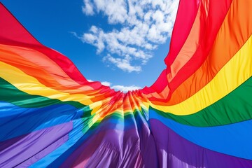 Rainbow flag waving in the wind against a blue sky with clouds