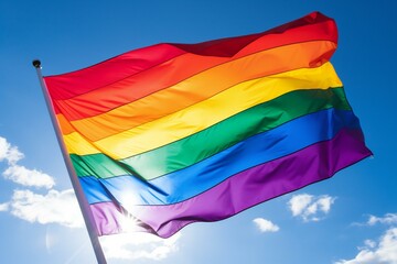 Rainbow flag waving in the wind against blue sky with sunrays