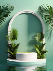 3D render Studio Green background with podium display in water palm leaf product promotion sun shadow
