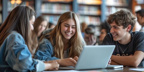 Group of student college learn together with laptop