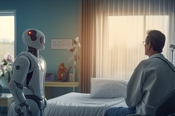  robot in hospital, robot talking with doctor, 