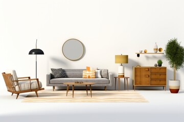 Mid-Century Modern Living Room Design, Captured Against a Sleek White Background, Generative AI