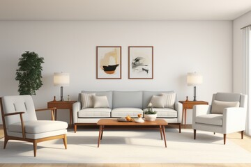 Fototapeta na wymiar Mid-Century Modern Living Room Design, Captured Against a Sleek White Background, Generative AI