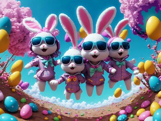 easter bunny wearing sunglasses and easter eggs