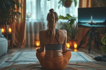 Athletic woman blogger in sportswear shoots video on camera as she does exercises at home in the living room.