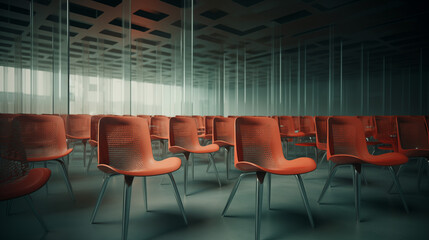 a conference room full of empty chairs, in the style of dark aquamarine and red