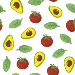 Pattern with healthy vegetables. Tomato, carrot, basil, avocado. Vegetable background.