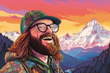 Hipster man with beard and mustache in hat and glasses on the background of mountains