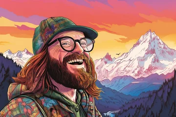 Cercles muraux Montagnes Hipster man with beard and mustache in hat and glasses on the background of mountains