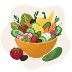 Bowl, bowl with lard. Radishes, olives, peppers, lemon, broccoli, lime, tomato, cucumber, carrots, dill, parsley. A large number of useful and healthy vegetables in one bowl.