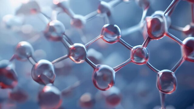 A 3D model showing molecular bonds, with transparent spheres connected to form a complex network.
