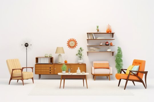 Retro Vintage Living Space, Highlighted on a White Background, Generative AI