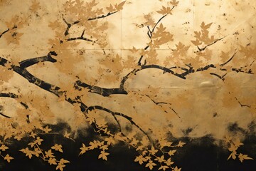 Grunge autumn background with maple tree branches and leaves on the wall