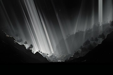Black and white image of a cave in the mountains with a light beam