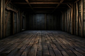A dark room with wooden walls and floor