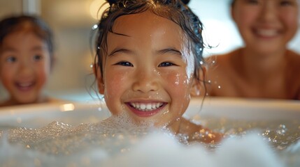 Asian family enjoying bathing activity