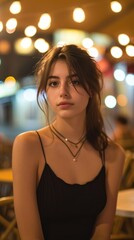 Obraz premium Medium shot portrait, attractive French girl, first date night, brunette, casual
