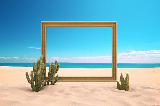 Generative AI Image of Empty Wooden Photo Frame Background on the Beach in Summer