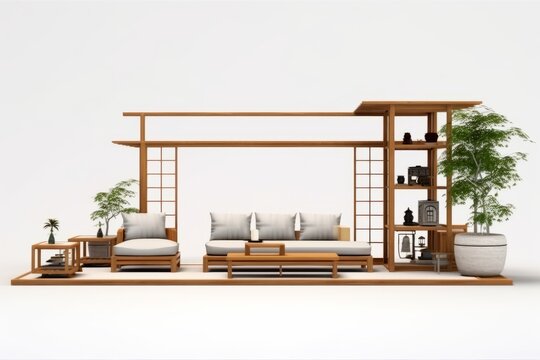 Traditional Japanese Tatami Living Room, Set Against an Isolated White Surface, Generative AI