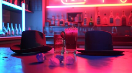 A fedora and a bowler hat sitting at a tiny backstage bar sipping on fizzy drinks and gossiping about the latest fashion trends. - obrazy, fototapety, plakaty