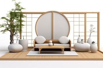 Traditional Japanese Tatami Living Room, Set Against an Isolated White Surface, Generative AI