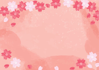 Fototapeta na wymiar 水彩の桜と桜の花びらが舞い散るフレーム_上下飾り_ピンクの水彩背景_横