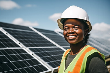 renewable energy, female african american engineer near solar panels, wearing helmet, solar energy