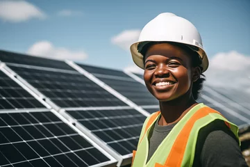 Rolgordijnen renewable energy, female african american engineer near solar panels, wearing helmet, solar energy © Song_about_summer