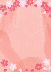 Fototapeta na wymiar 水彩の桜と桜の花びらが舞い散るフレーム_上下飾り_ピンクの水彩背景_縦