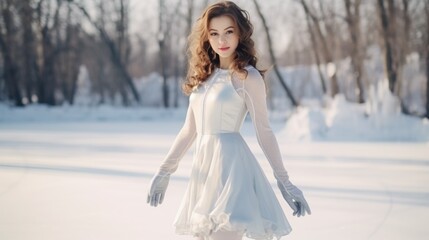 Fototapeta na wymiar A beautiful girl ice skates with grace