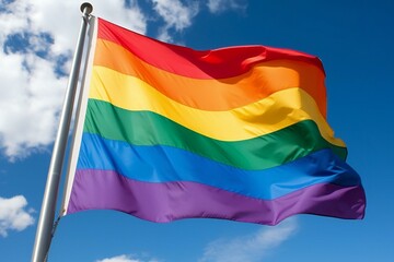 Rainbow flag waving in the wind against blue sky,  Symbol of gay pride