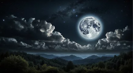 Printed roller blinds Full moon and trees moon in the night with stars and cloud, moon view at the night, beautiful moon with stars