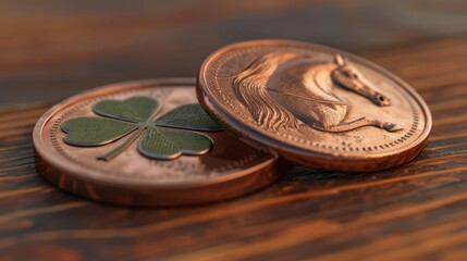 In a tale of two competing coins a lucky penny with a fourleaf clover on its back challenges a coin with a horseshoe imprint as they both hope their lucky symbols will bring