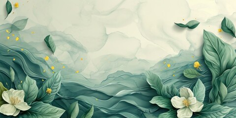 Abstract art background vector. Luxury minimal style wallpaper with golden line art flower and botanical leaves, Organic shapes, Watercolor.