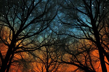 Abstract background with silhouettes of trees and stars in the sky